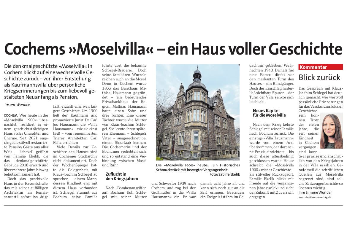 Zeitungsartikel des WochenSpiegels vom 21. Mai 2025: Cochems Moselvilla - ein Haus voller Geschichte